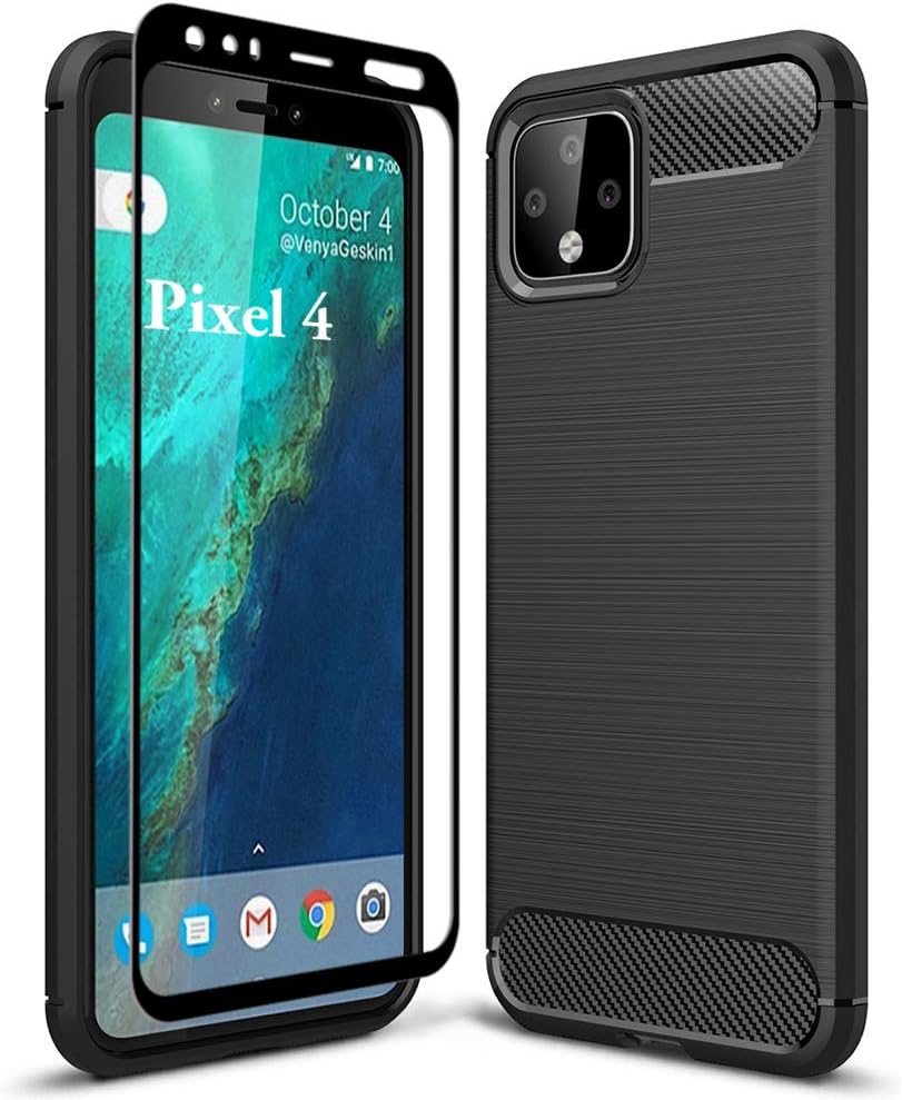 HuYin Google Pixel 4 Case with Tempered Glass Screen Protector Frosted Shield Luxury Slim Design for Google Pixel 4 Phone (Black)