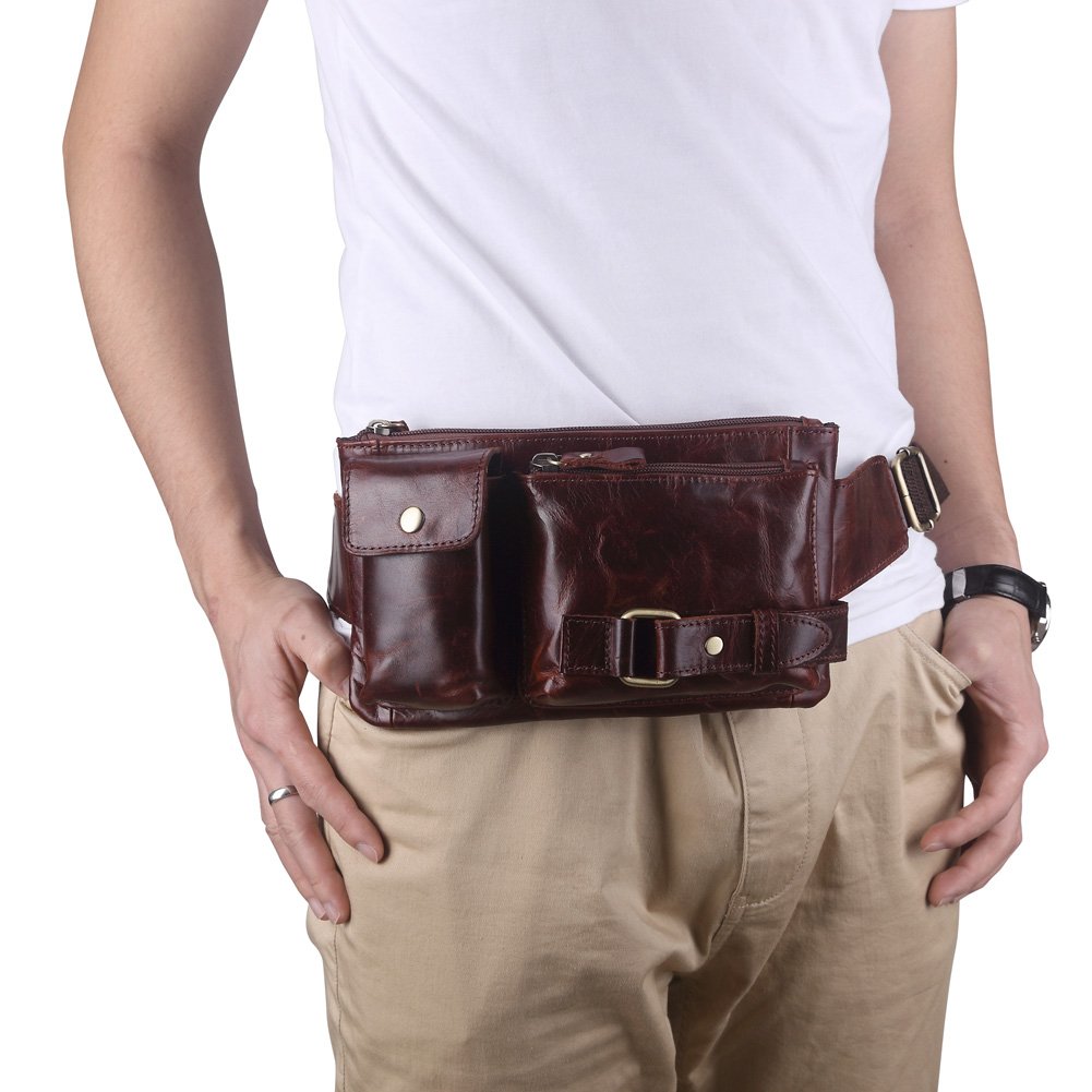 Teemzone Unisex Retro Leather Waist Backpack Phone Holder Fanny Sling Bag (Red)