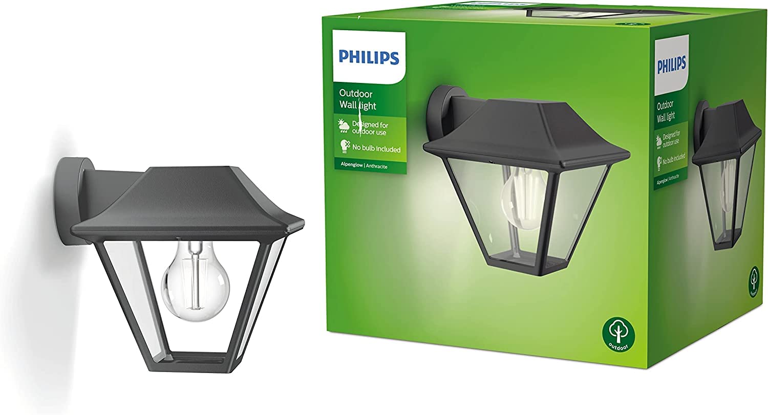 Philips Alpenglow Outdoor Wall Light, IP44 Weather-resistant, Durable, Classic Design, Aluminium, Classic Design, E27 Bulb Sold Separately, Anthracite Grey