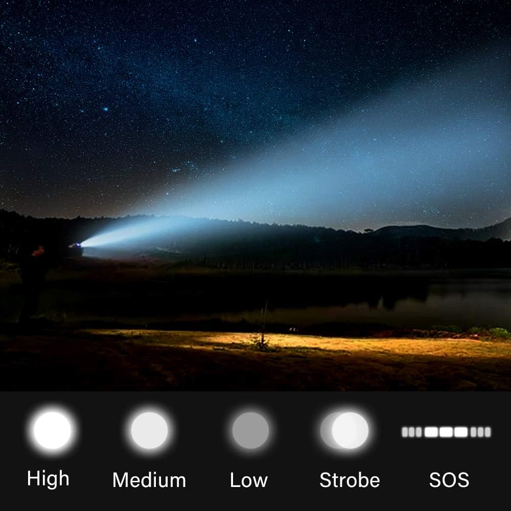 Rechargeable Tactical Flashlight, LED Flashlight 3000 Lumen, 5 Modes, Zoomable, Waterproof, with Rechargeable Battery, Handheld Flashlight for Camping Hiking Biking Outdoor Activity - - 