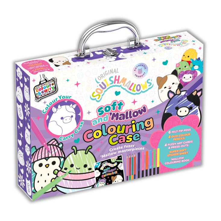Bookoli – Original Squishmallows Soft & ‘Mallow Colouring Case – Kids Arts & Crafts Colouring Set – Creative Activity Case for Children – Travel Colouring Kit – Gift for Squishmallows Fans