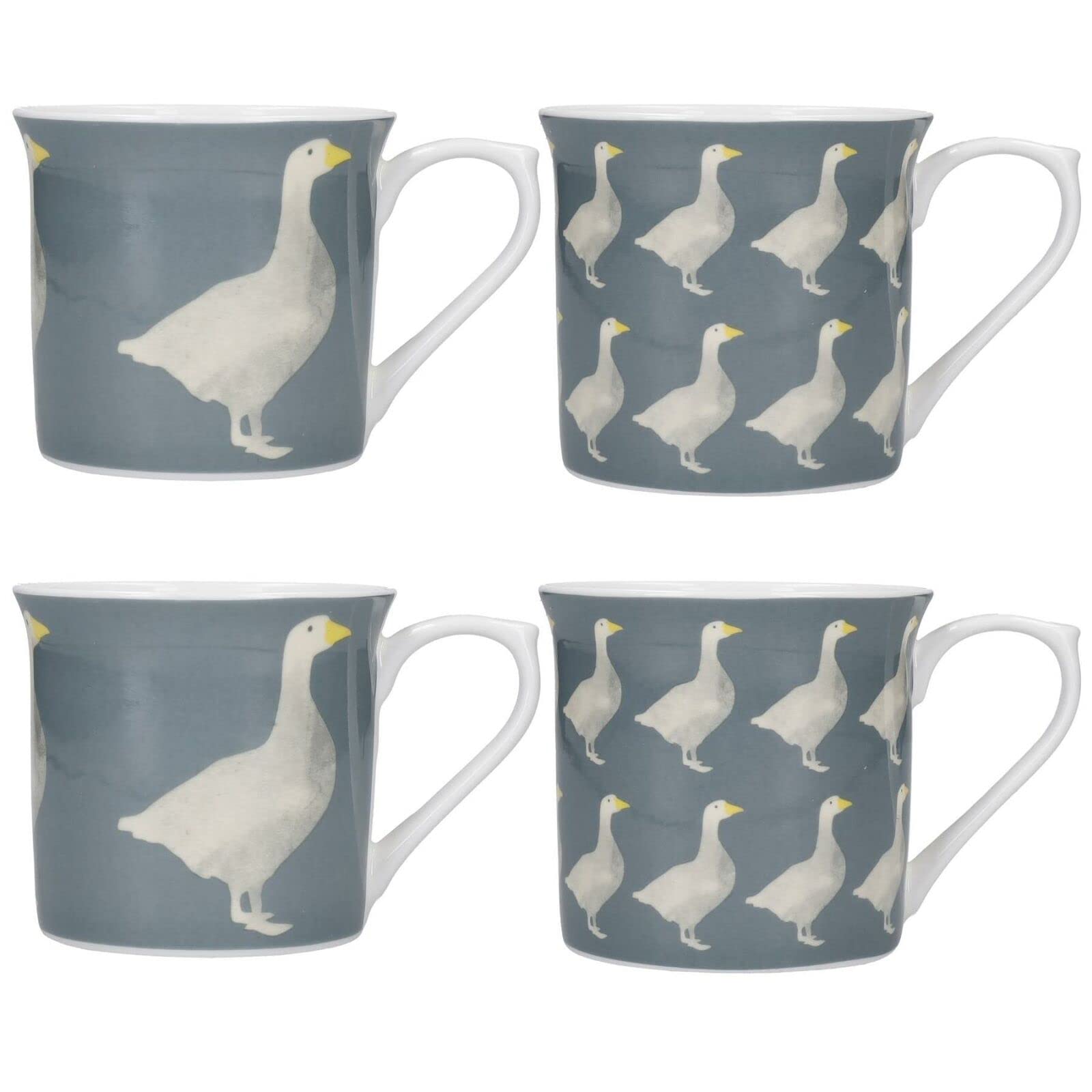 KitchenCraft Country Grey Glazed Stoneware Geese Set of 4 Fluted Tea Coffee Mugs 425ml
