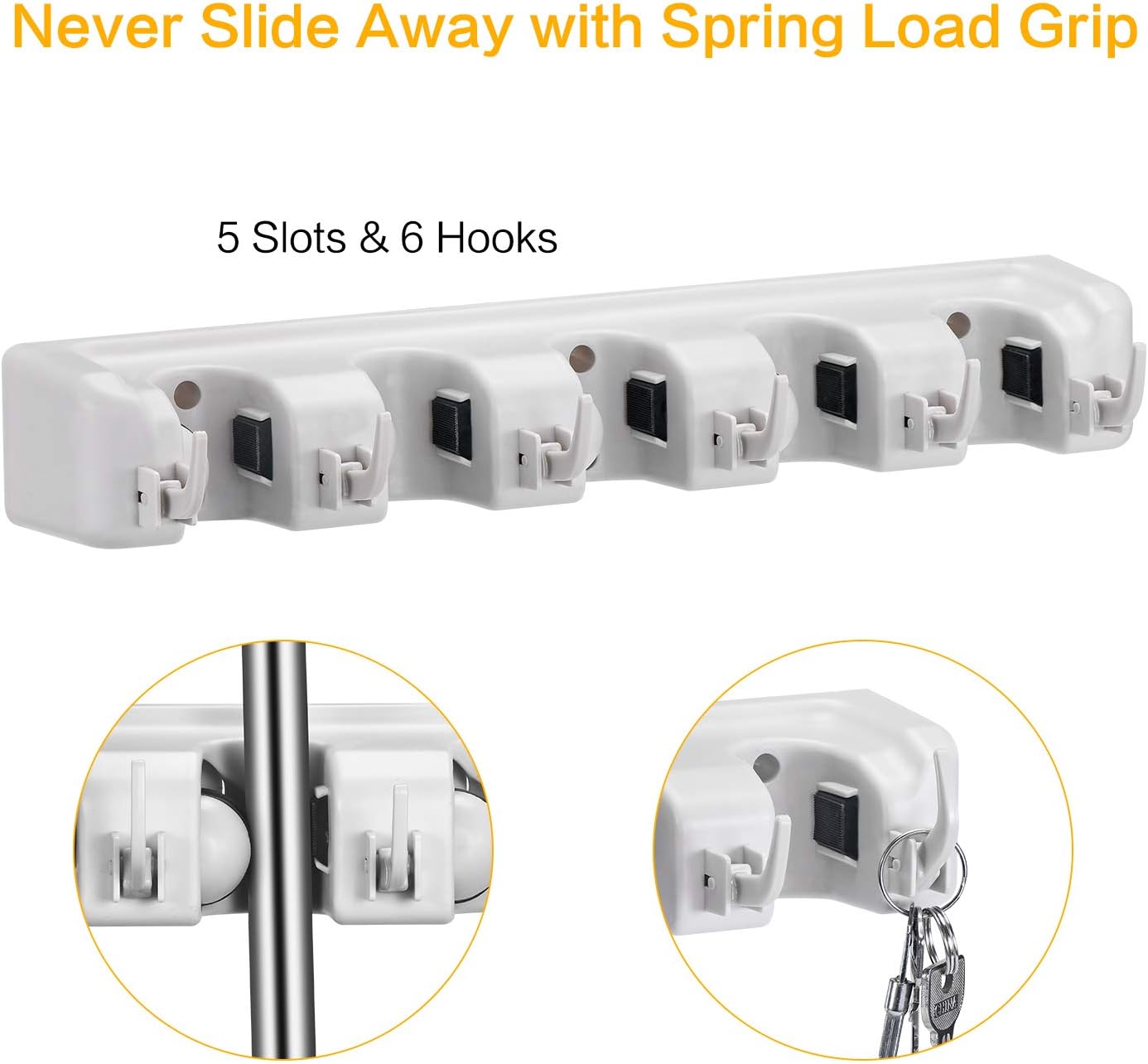 Mop Broom Holder, Wall Mounted Commercial Organizer Storage Rack for Garden Tools, Kitchen, Garage and Laundry [5 Slots with 6 Hooks]: Home Improvement