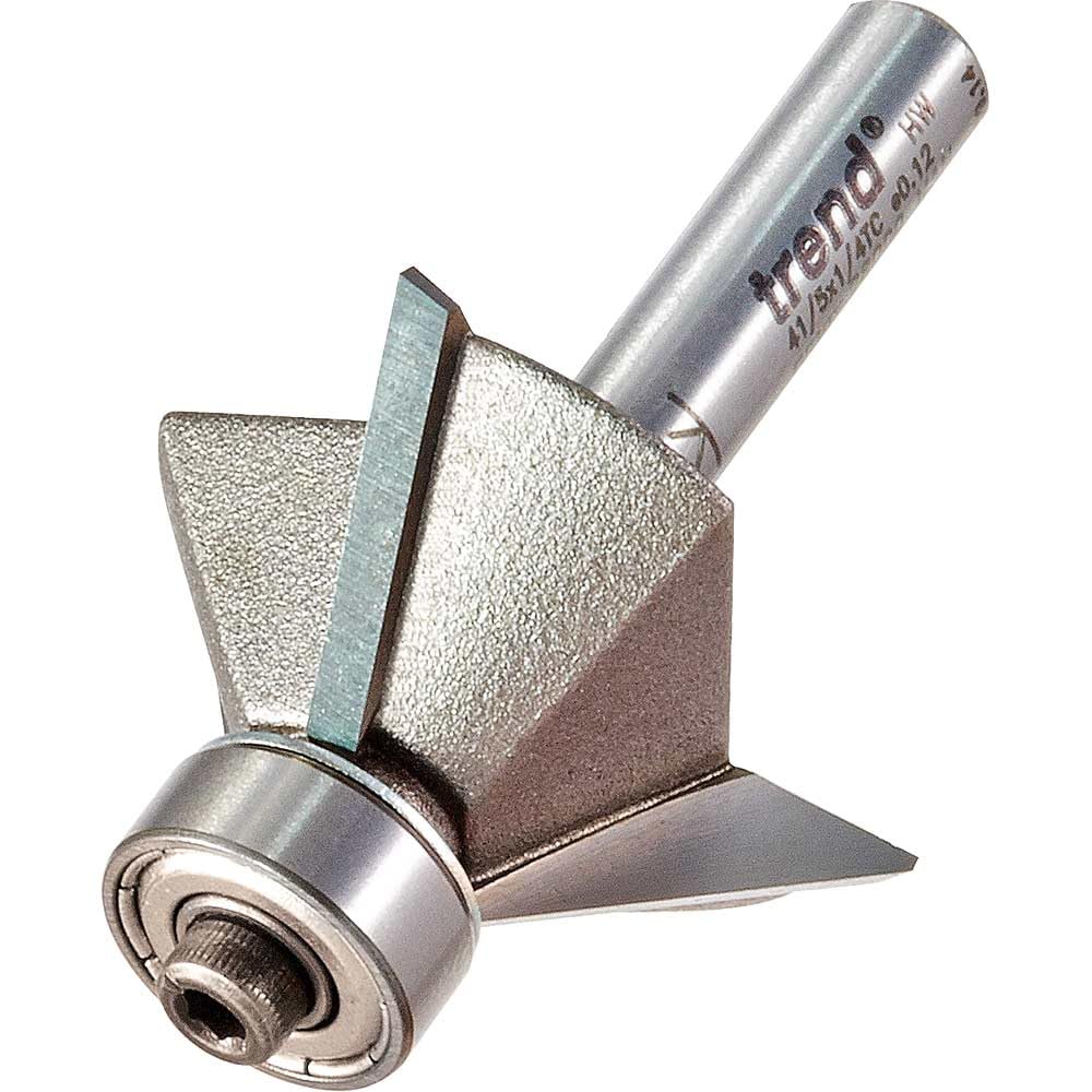 Trend Professional Guided Three Flute 45-Degree Chamfer Cutter, 1/4 Inch Shank, 34mm Cut Diameter & 11mm Cut Length, Tungsten Carbide Tipped, 41/5X1/4TC