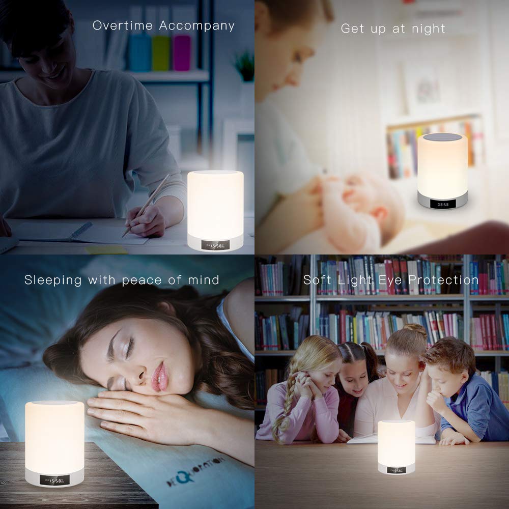 Night Lights Bluetooth Speaker, Ranipobo Wireless Stereo Speaker with Alarm Clock, MP3 Music Player, FM Radio, Touch Control LED Lamp Dimmable Warm Lights & 7 Colors Themes for Kids, Party, Bedroom