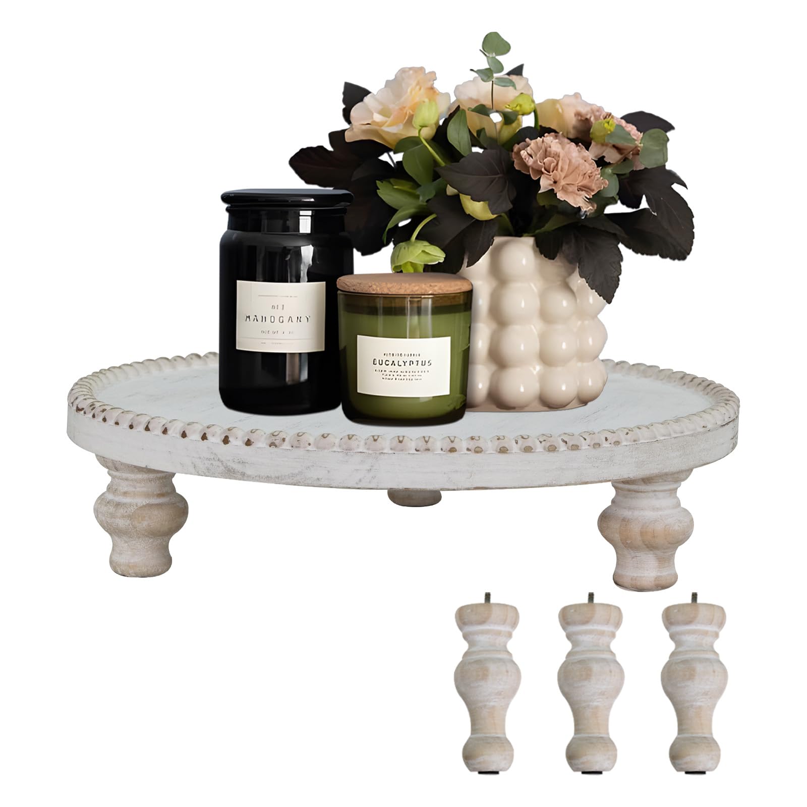 Photo 1 of MAONAME Farmhouse Wood Riser for Display, Decorative Pedestal Stand for Kitchen Counter, Rustic Round Beaded Wooden Display Tray for Home Decor, Short and Tall Footed, 11.87 Inch
