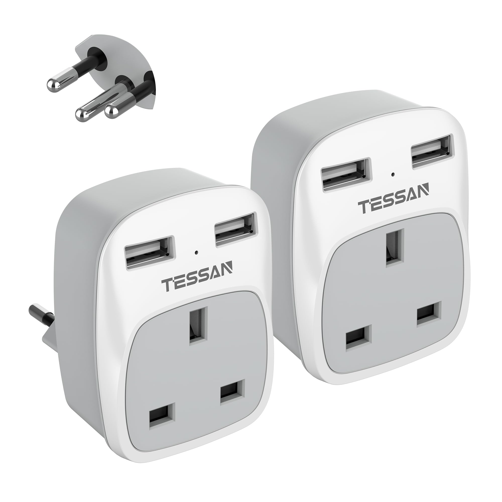 UK to Swiss Plug Adapter 2 Pack, TESSAN UK to Switzerland Plug with 2 USB, Grounded Type J Swiss Adapter, Travel Adaptor for Jordan, Liechtenstein, Madagascar, Rwanda