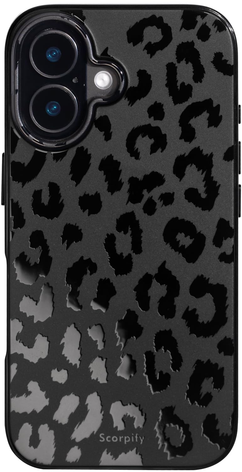 SCORPIFY for iPhone 16 Case [Compatible with MagSafe] with Matte Black Leopard Cheetah Print Design, Cute Magnetic Phone Cover for Women Girls and Men, Slim Bumper with Stylish Pattern