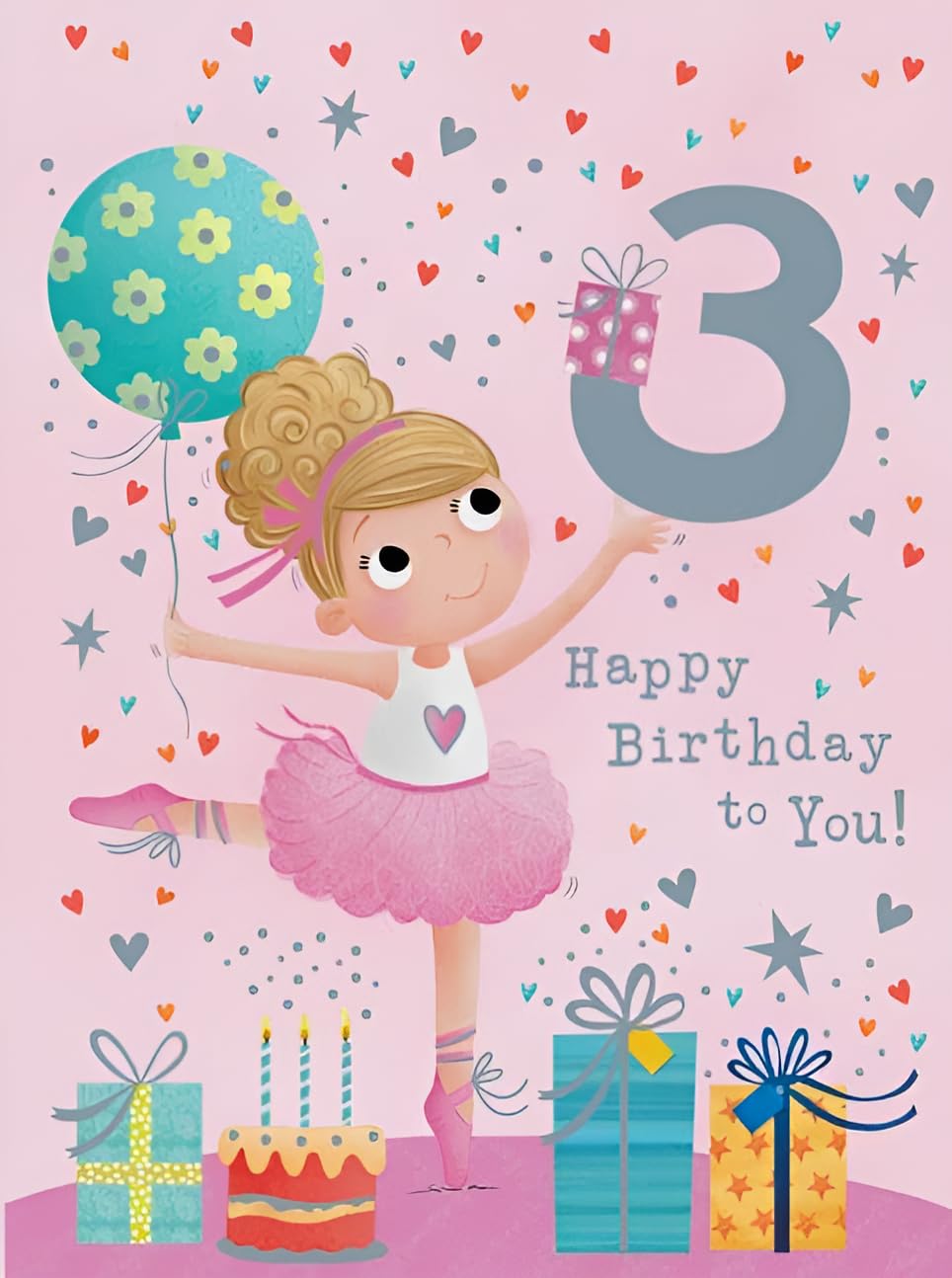 Noel Tatt Children's Birthday Card - Age 3 Happy Birthday - Little Girl Ballerina with Balloons and Presents - For Her