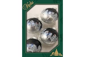 Glass Christmas Tree Ornaments - 67mm/2.63" [4 Pieces] Decorated Balls from Christmas by Krebs Seamless Hanging Holiday Decor (Midnight Haze & Silver w/Trees & Cardinals)