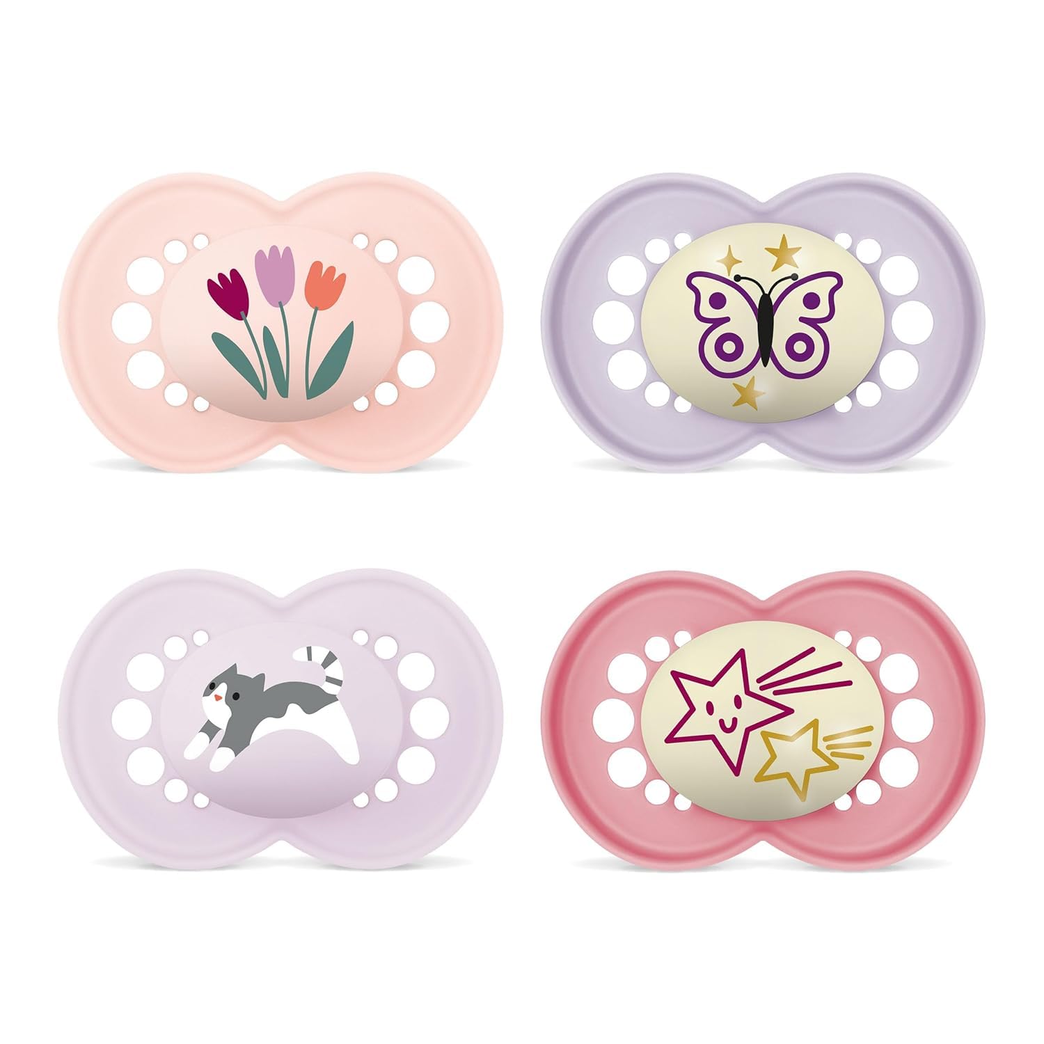 MAM Day & Night Silicone Dummy 16+, Set of 4, Including 2 Sterilised Transport Boxes