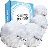 SHOWER BOUQUET Loofah Soft-White-Cloud XL Bath-Sponge 4-Pack // Extra Large 75g Mesh Loofa Lufa Pouf Set for Men and Women -