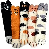 SKEFOLI Cat Paw Socks, 5 Pairs Cat Claw Socks for Girls Women Cozy Fuzzy Cat Feet Socks with Heart