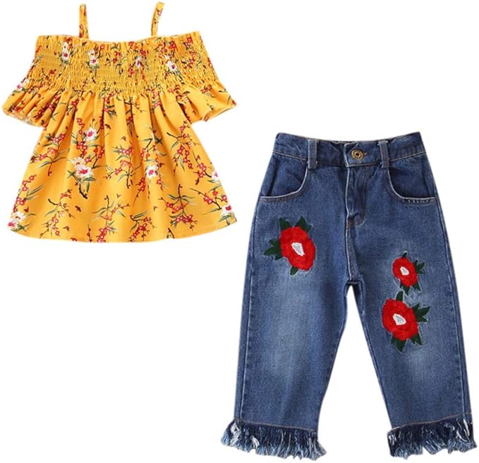 Amazon キッズ服 女の子 2点セット Charku Tシャツ パンツ セット オフショルダー フリル トップス ジーンズ 上下セット 子供服 可愛い 人気 ベビー 夏服 2点セット 春夏 安い 子供服 通園 通学 七五三 可愛い 人気 普段着 お祝い ギフト