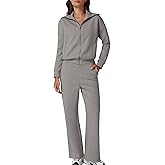 QINSEN Women's Cotton 2 Piece Outfits Lapel Long Sleeve Zip Up Sweatshirt Wide Leg Pants Matching Tracksuit Sets