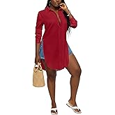 LYANER Women's Collar V Neck Button Front Long Sleeve Slit Hem Long Shirt Blouse Top