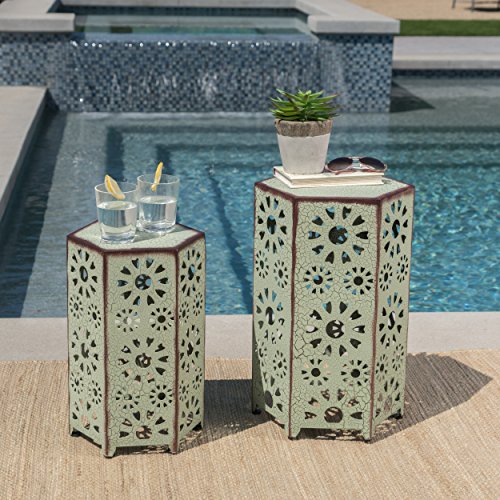 Elliot Outdoor 12 Inch and 14 Inch Sunburst Iron Side Table Set (Crackle Green)