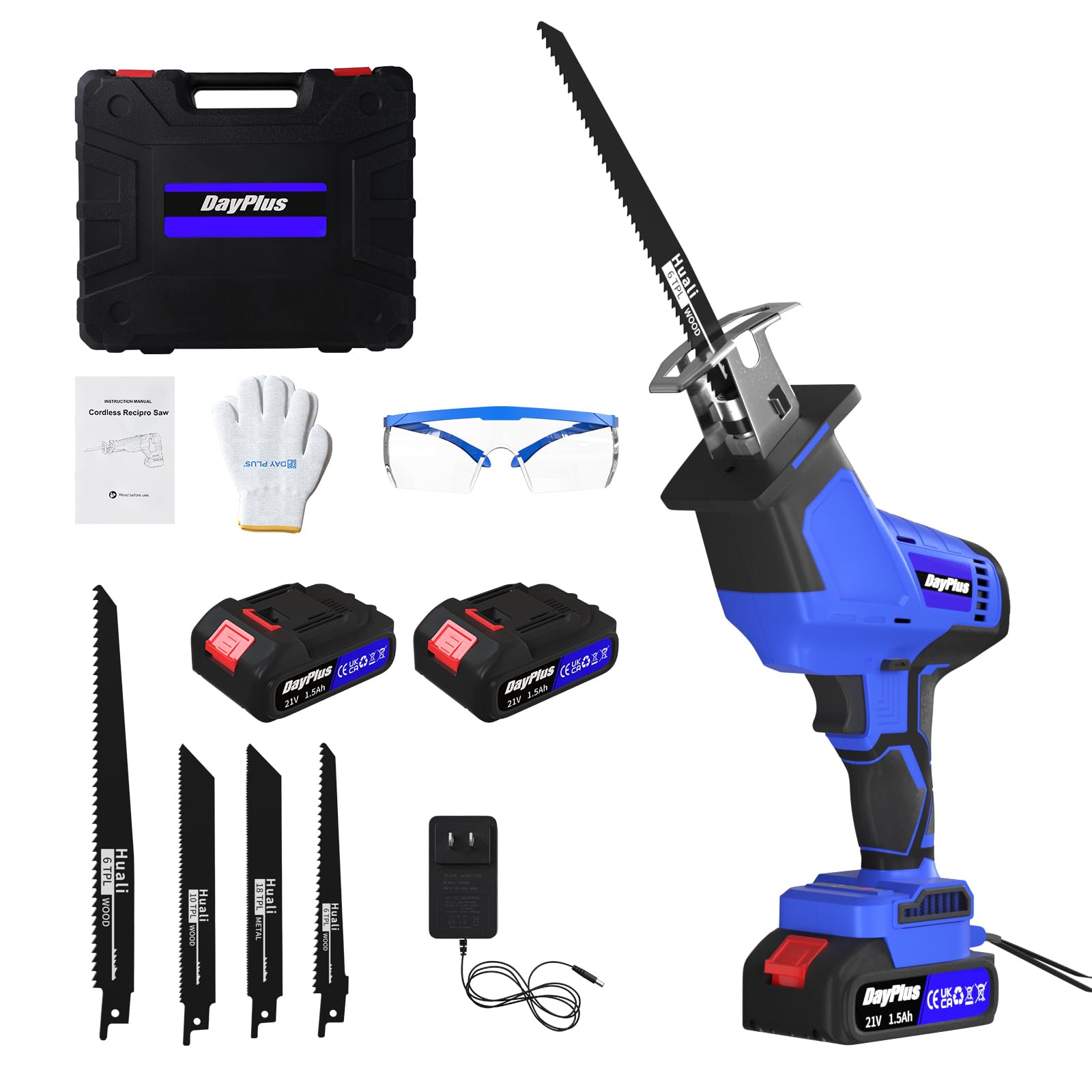 DayPlus Electric Saw, Rechargeable, Reciprocating Saw, Brushless Motor, 2 x 1500 mAh Batteries, 8 High Carbon Steel Saw Blades, Lightweight, Small, Cutting Branches, Cutting Bamboo Trees, Pruning