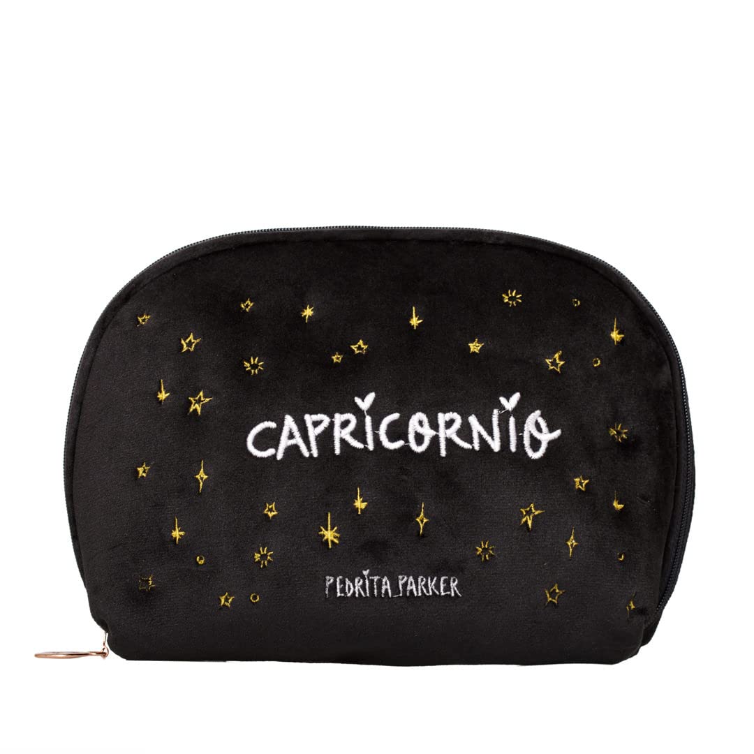 Horoscope Velvet Makeup Bag, Black/White, Medio, Capricorpio