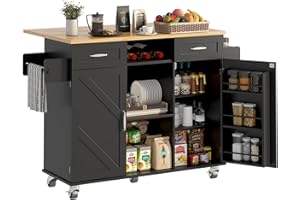 knoworld 51.5'' Rolling Kitchen Island with Storage Cabinet & Drawers, Drop Leaf Kitchen Cart on Wheels, Farmhouse Portable Mobile Islands, Large Butcher Block Table with Tower/Spice Rack, Black