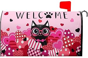 ANYAKO Welcome Valentine's Day Black Cat Mailbox Covers Magnetic Standard Size 18" X 21",Pink Love Heart Mailbox Wraps Post Letter Box Anniversary Wedding Cover for Holiday Garden Yard Decor