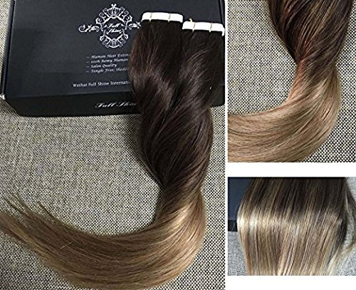 Fshine 14" Tape in Hair Extensions Skin Weft Dip Dye Real Hair Extensions Balayage Hair Color #2 Fading to #6 and #18 Ash Blonde Full Head Tape in Tape in Hair Extensions 50g 20 Pcs Per Package