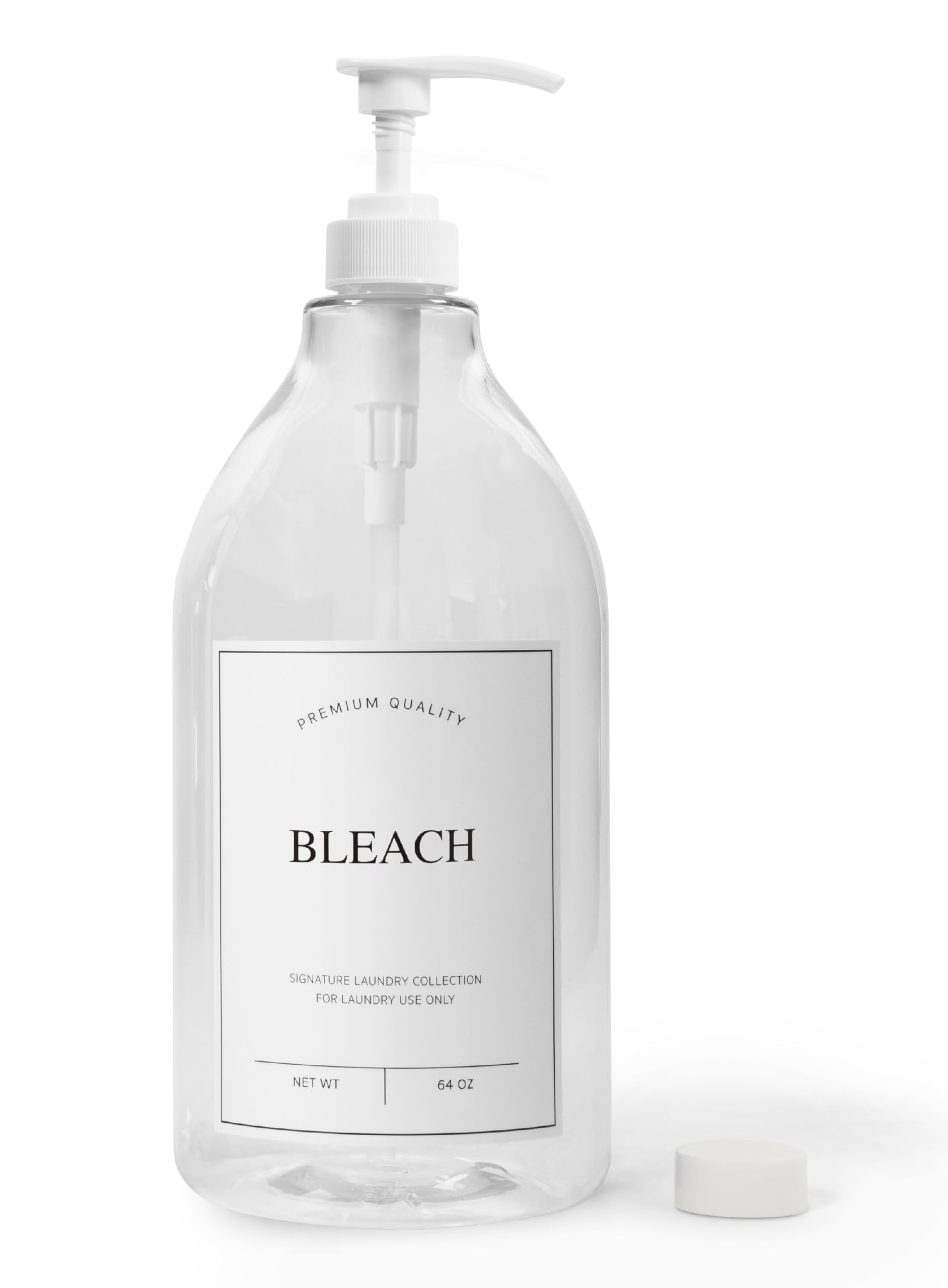 Photo 1 of Calindiana Modern Farmhouse Bleach Liquid Laundry Detergent Dispenser for Laundry Room Decor and Organization, PET Plastic Landry Soap Containers with Water Resistant Label, Clear 64oz