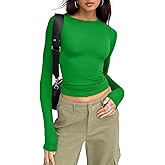AJANKE Womens Long Sleeve Top Fitted Shirts Stretch Base Layer Tight Basic Undershirt Y2K Clothes S-XL