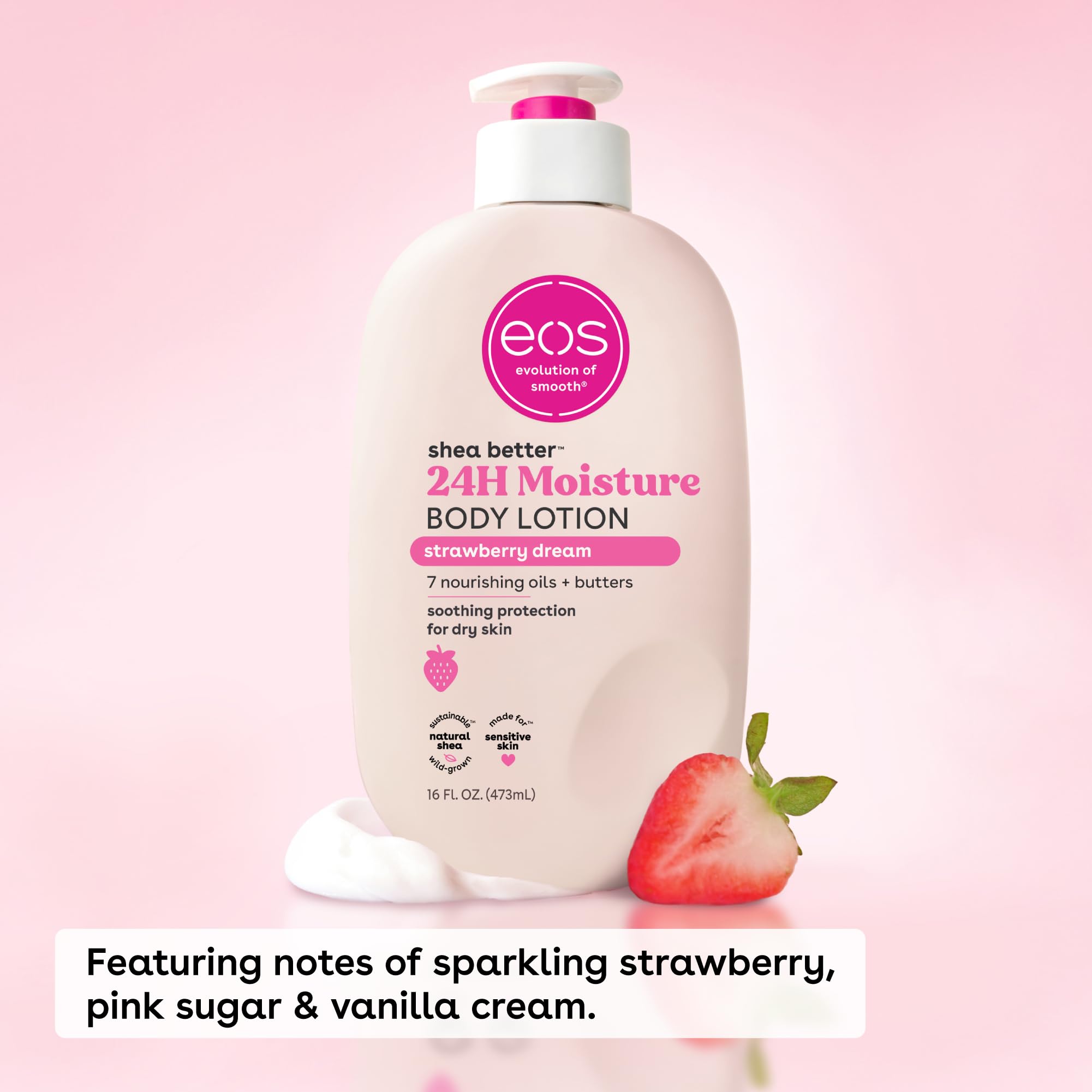 eos Shea Better Body Lotion Strawberry Dream, 24-Hour Moisture Skin Care, Lightweight & Non-Greasy, Natural Shea, Vegan, Strawberry Body Lotion, 16 fl oz