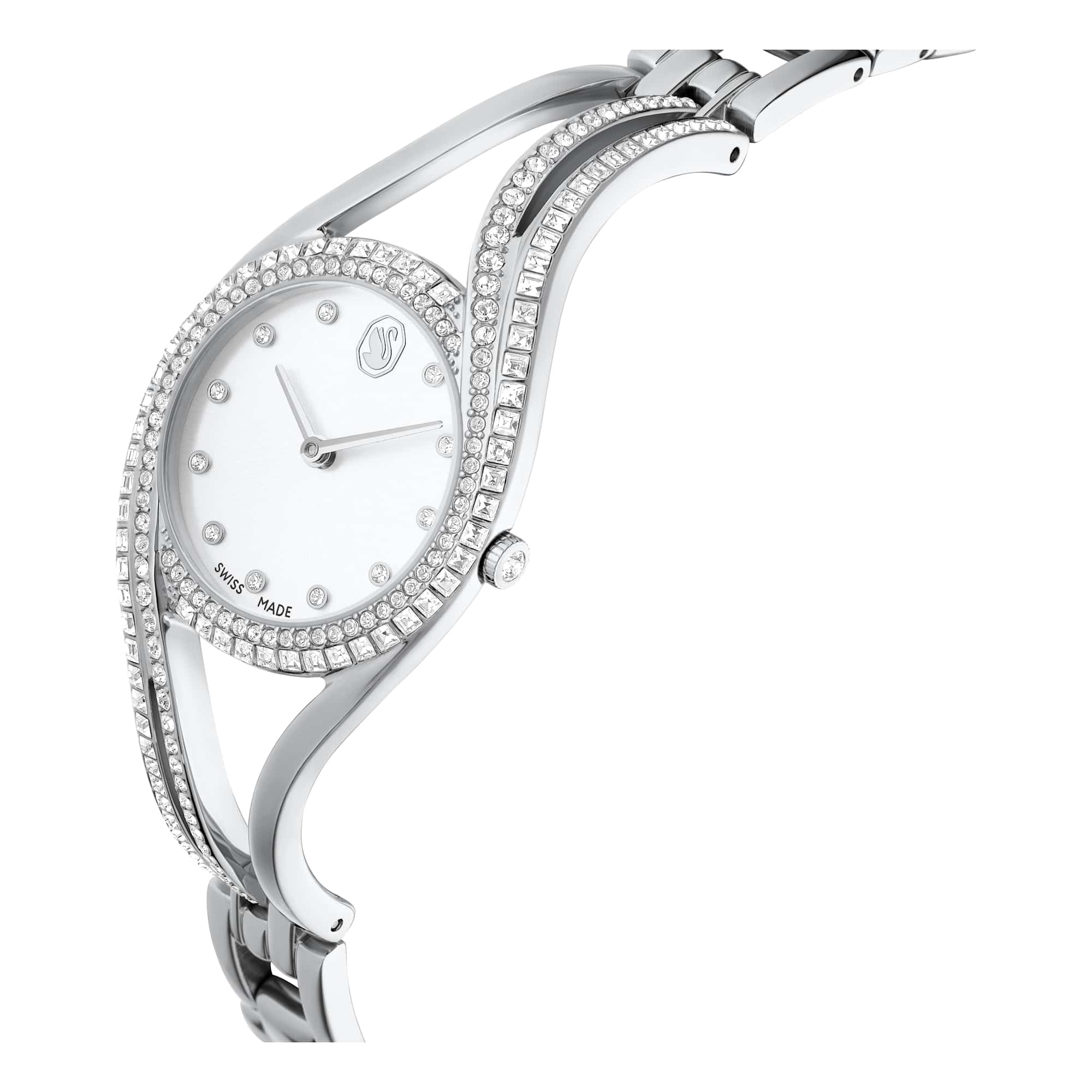 Swarovski Hyperbola Bangle Watch, Swiss-Made & Water-Resistant Stainless Steel Wristwatch, Silver-Tone Finish with Clear Crystals & Metal Bracelet Strap, Part of The Hyperbola Collection