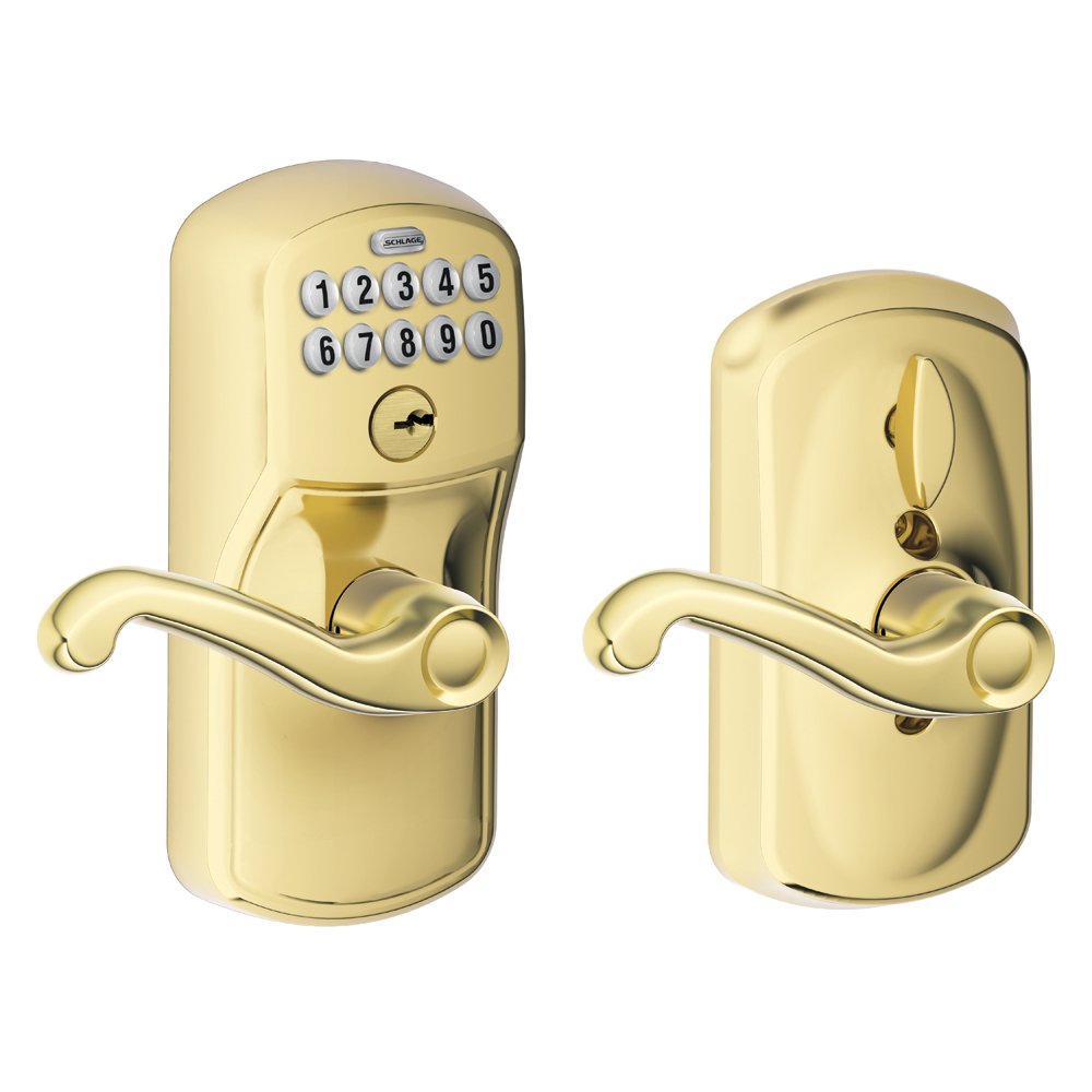 Schlage FE595 V PLY 505 FLA Plymouth Keypad Entry with Flex-Lock and Flair Style Levers, Bright Brass