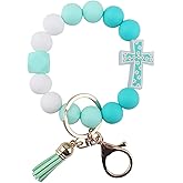 Jesemiah Flower Cross Silicone Beaded Wristlet Keychain Bracelet For Women Stretchy Charm Bracelet Wrist Key Chain