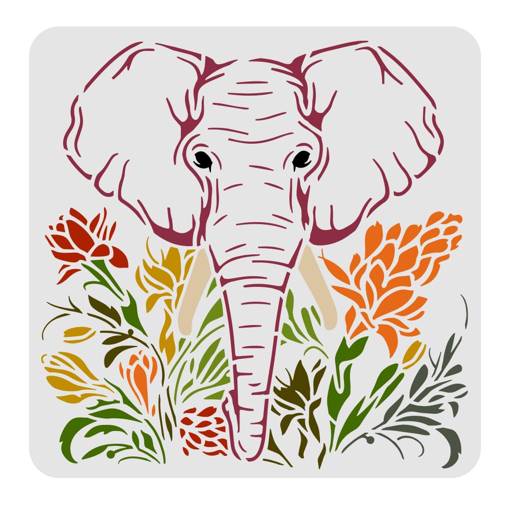 FINGERINSPIRE Elephant Template 30x30cm Plastic Elephant Animal Drawing Painting Stencils Elephants Flowers Pattern Reusable Stencils for Painting on Wood, Floor, Wall and Tile — image 1