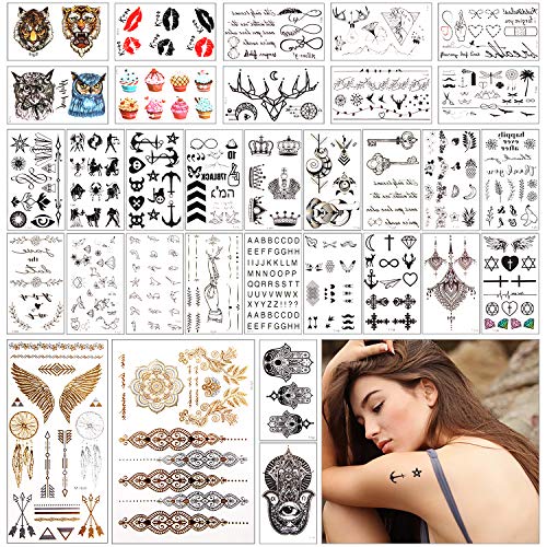 32 Sheets Waterproof Black Tiny Temporary Tattoo Metallic Gold Silver Fake Tattoo Sticker for Body Hand Neck Wrist Art Fashion - Thumbnail 7