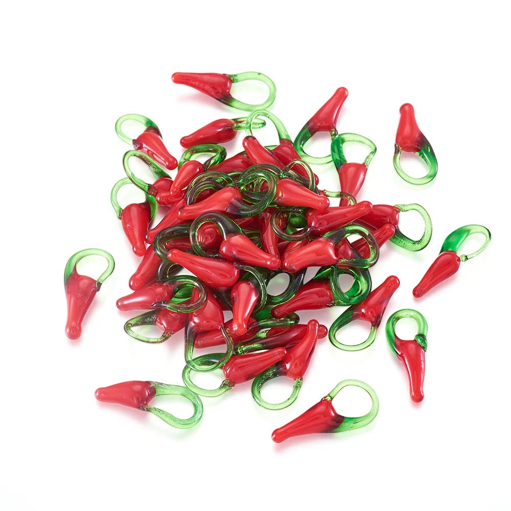 Cheriswelry 50pcs Lampwork Glass Charms Red Pepper Hot Chilli Dangle Pendants for Jewellery Earrings Anklet Making, 21mm