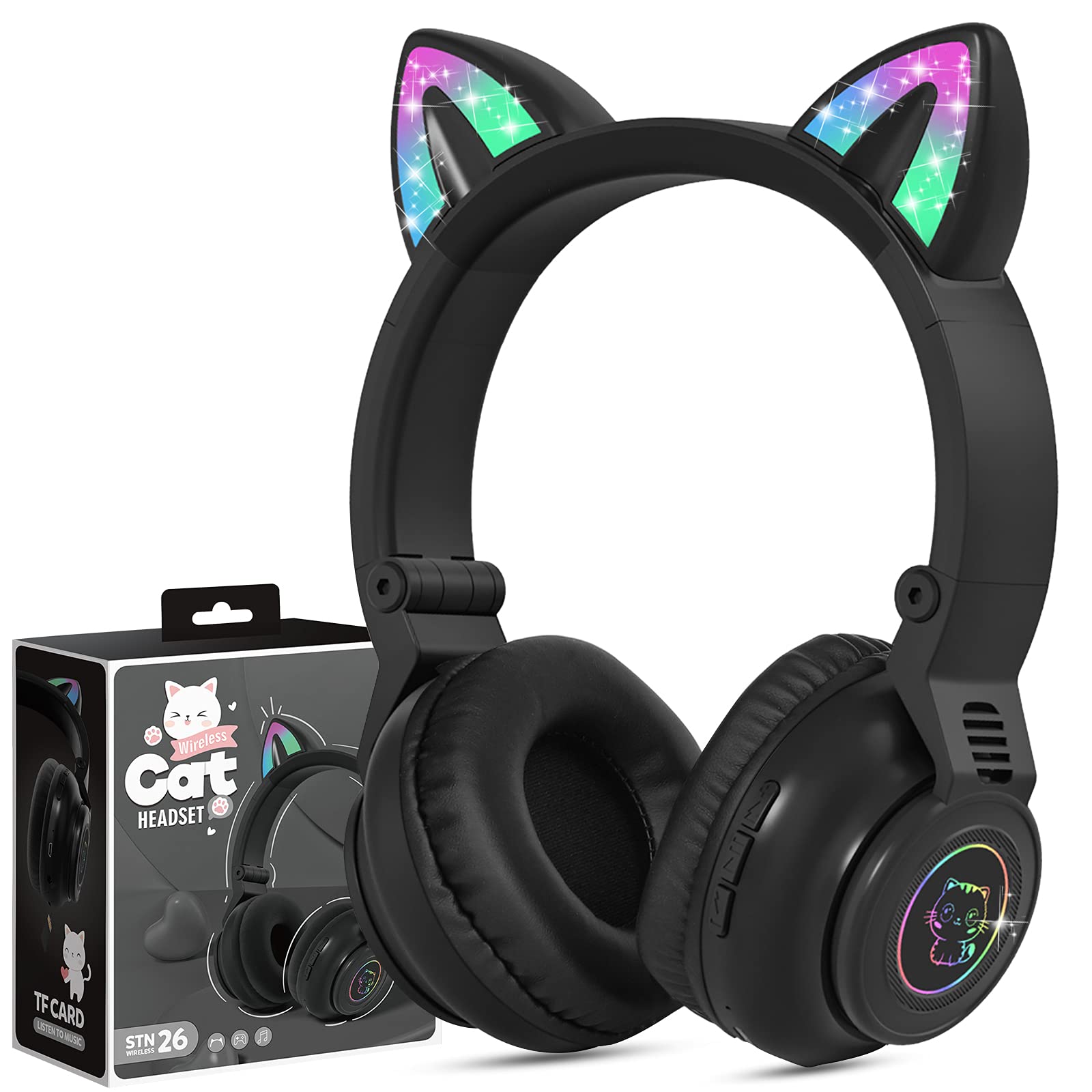 JYPS Kids Headphones Wireless Light Up Cat Ear Bluetooth Headphones Over Ear Childrens Foldable Headset w/Microphone for Amazon Fire Tablet/Laptop/iPad
