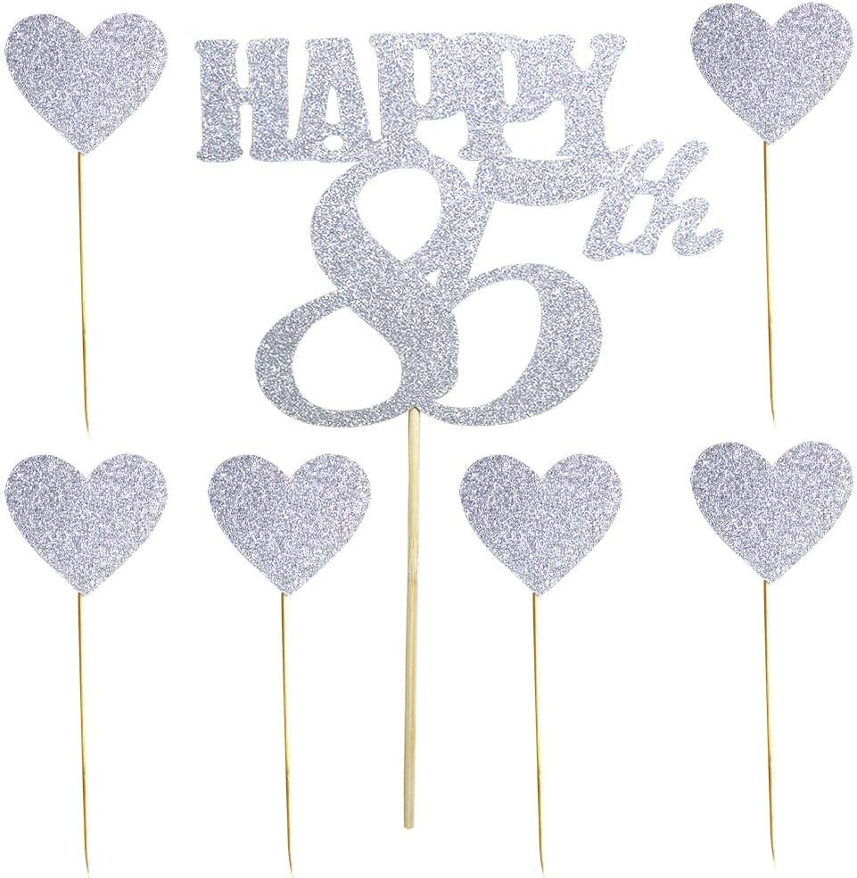 Happy 85th Silver Glitter Cake Topper and Love Heart Happy 85th Silver Glitter Cake Topper and Love Heart