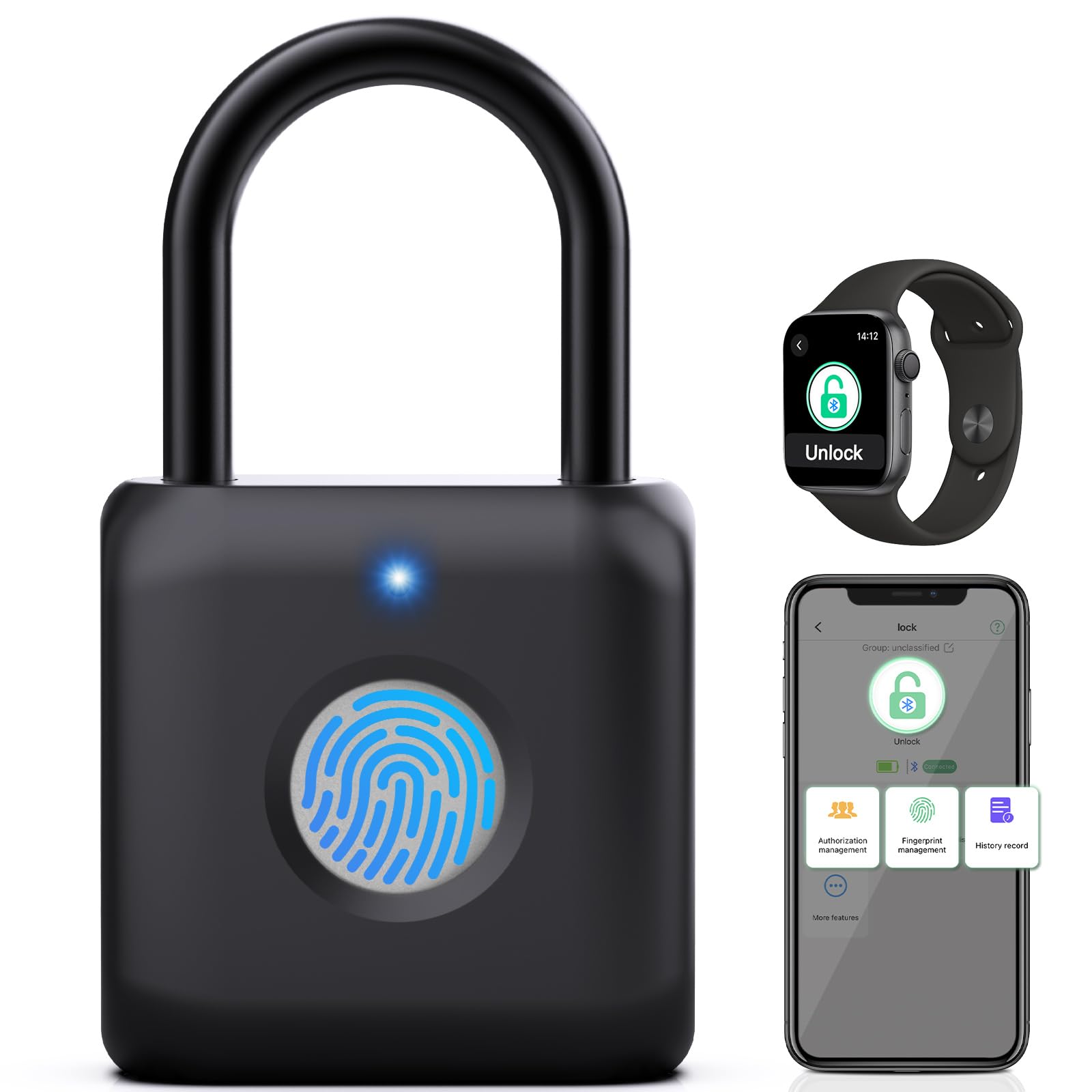 Photo 1 of Pothunder Fingerprint Padlock, Smart Padlock, Locker Lock, Combination Lock, Fingerprint Lock with APP Unlock, USB Rechargeable, Suitable for Gym Locker, Door, Locker(Black)
