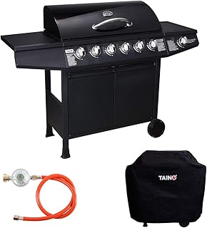 TAINO Basic 6+1 Gasgrill Set inkl. Abdeckung/Druckminderer Grillwagen BBQ Edelstahl-Brenner Seitenkocher Gas-Grill TÜV Schwarz