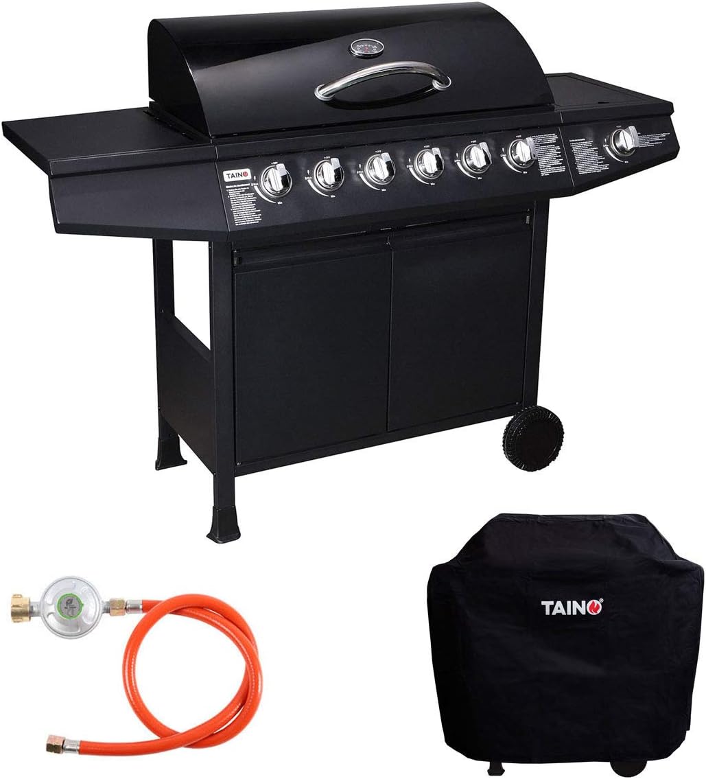 TAINO Basic 6+1 Gasgrill Set inkl. Abdeckung/Druckminderer Grillwagen BBQ Edelstahl-Brenner Seitenkocher Gas-Grill TÜV Schwarz
