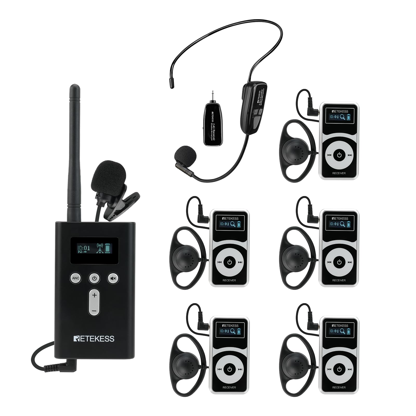 Retekess T130P (3nd Gen T130) Tour Guide system, Wireless Tour Guide Headset, Upgraded Function Graded Noise Reduction, 160m, for Factory Tours (1 Transmitter 5 Receivers)