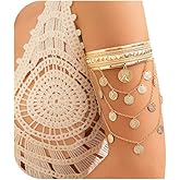 Rotaiboes Summer Round Plate Tassel Chain Upper Arm Bracelet Simple Coin Armlet Summer Beach Adjustable Open Arm Cuff Bangle Bracelets Summer Body Jewelry for Women
