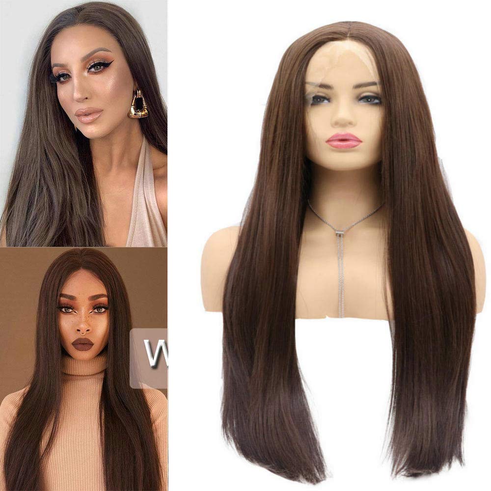 RainaHair Dark Brown Lace Front Wigs Long Straight Synthetic Wig Natural Looking Heat Resistant Fibers Middle Parting for Women 26inches (8#) — image 1