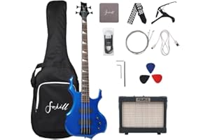 Fojill Full Size 4 Four String Electric Bass Guitar 10W Battery Power Bluetooth Amplifier Amp Beginner Starter Kit Set Combo Bundle Package Accessory Bag,Picks,Capo,Cable,Strings(Metallic Blue)