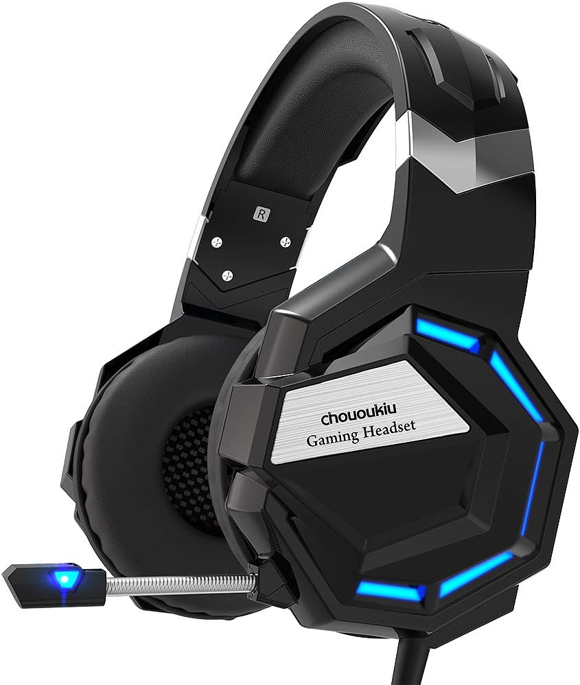 Chououkiu Gaming Headset, Headset Gaming Headphone for Xbox One, PS4, PC, Surround Sound Over Ear Headphones with Noise Cancelling Mic, LED Light Bass Surround Soft Memory Earmuffs (Black)