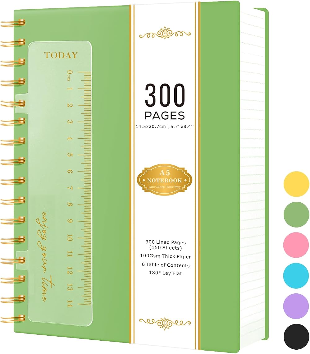 NIRMIRO A5 Spiral Notebook 300 Pages 100gsm Lined Paper Green PVC Cover