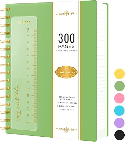 NIRMIRO A5 Spiral Notebook 300 Pages 100gsm Lined Paper Green PVC Cover