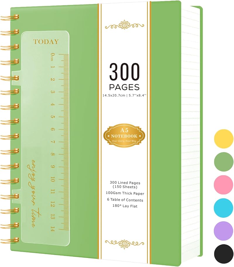 NIRMIRO A5 Spiral Notebook 300 Pages 100gsm Lined Paper Green PVC Cover