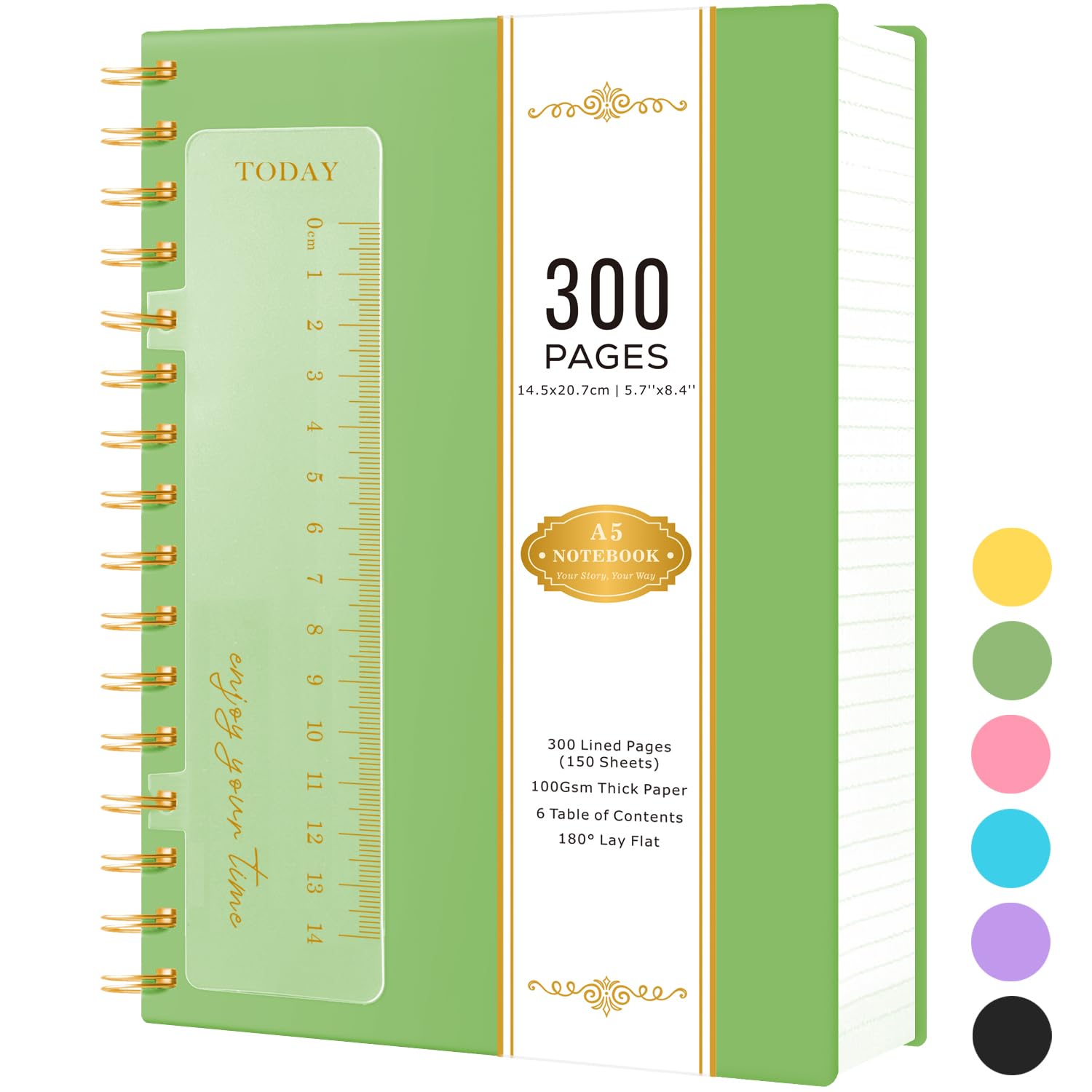 NIRMIRO A5 Notebook Hardback, 300 Pages/ 150 Sheets Wirebound Spiral Notepad Note Book for Women/Men Writing, 100GSM Lined Paper, No Bleed, Green PVC Cover, 14.5 x 20.7cm