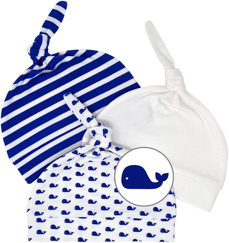 Tots on Trend Newborn Hats for Boys Soft 100% Organic Cotton Baby Whale Infant Beanie Hospital Caps (3-Pack)